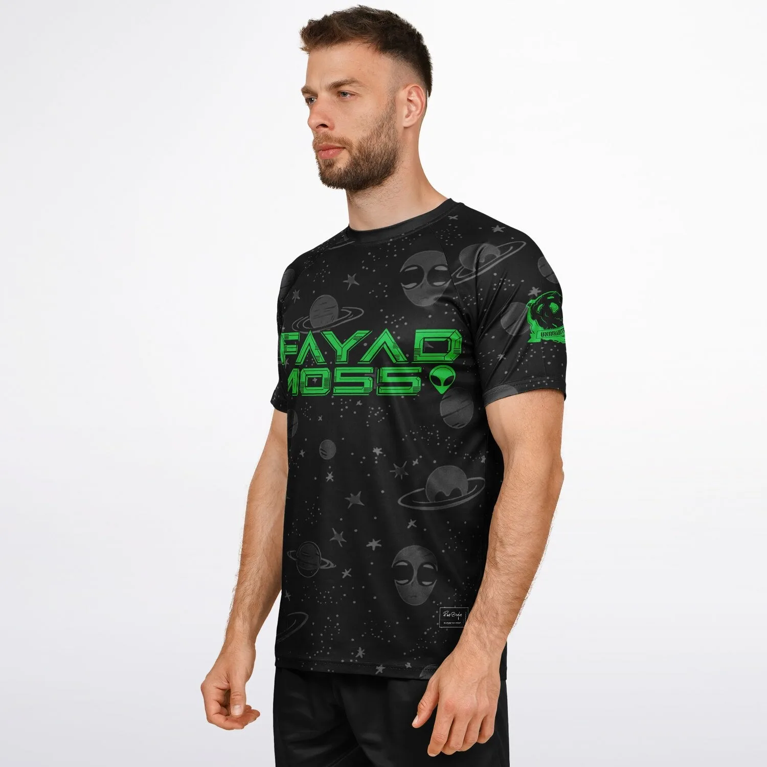 Full front flat lay of custom soccer jersey with space-themed print and green lettering
