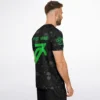 Detail of alien face and planet ring pattern across galaxy print jersey fabric