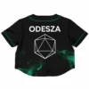 Back view of green galaxy crop jersey with white icosahedron print and 'ODESZA' text above it