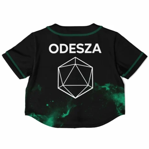 Back view of green galaxy crop jersey with white icosahedron print and 'ODESZA' text above it