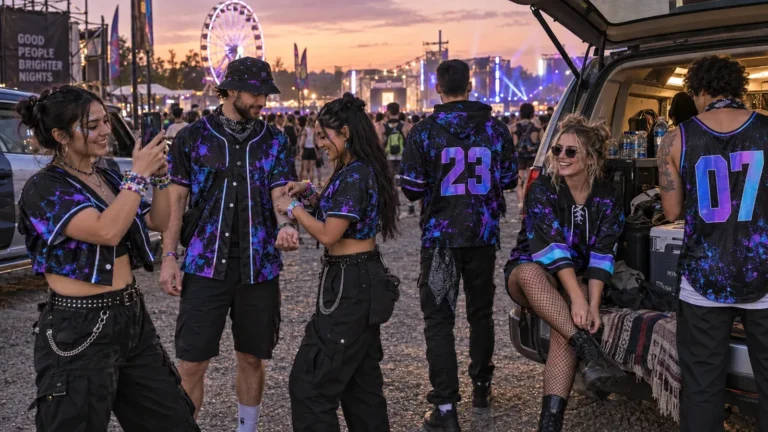 Group rave outfits in one purple and blue splatter print: a crew in the festival parking lot at sunset in crop tops, a baseball jersey, a hooded jersey, a hockey jersey and a basketball jersey with numbers on the back