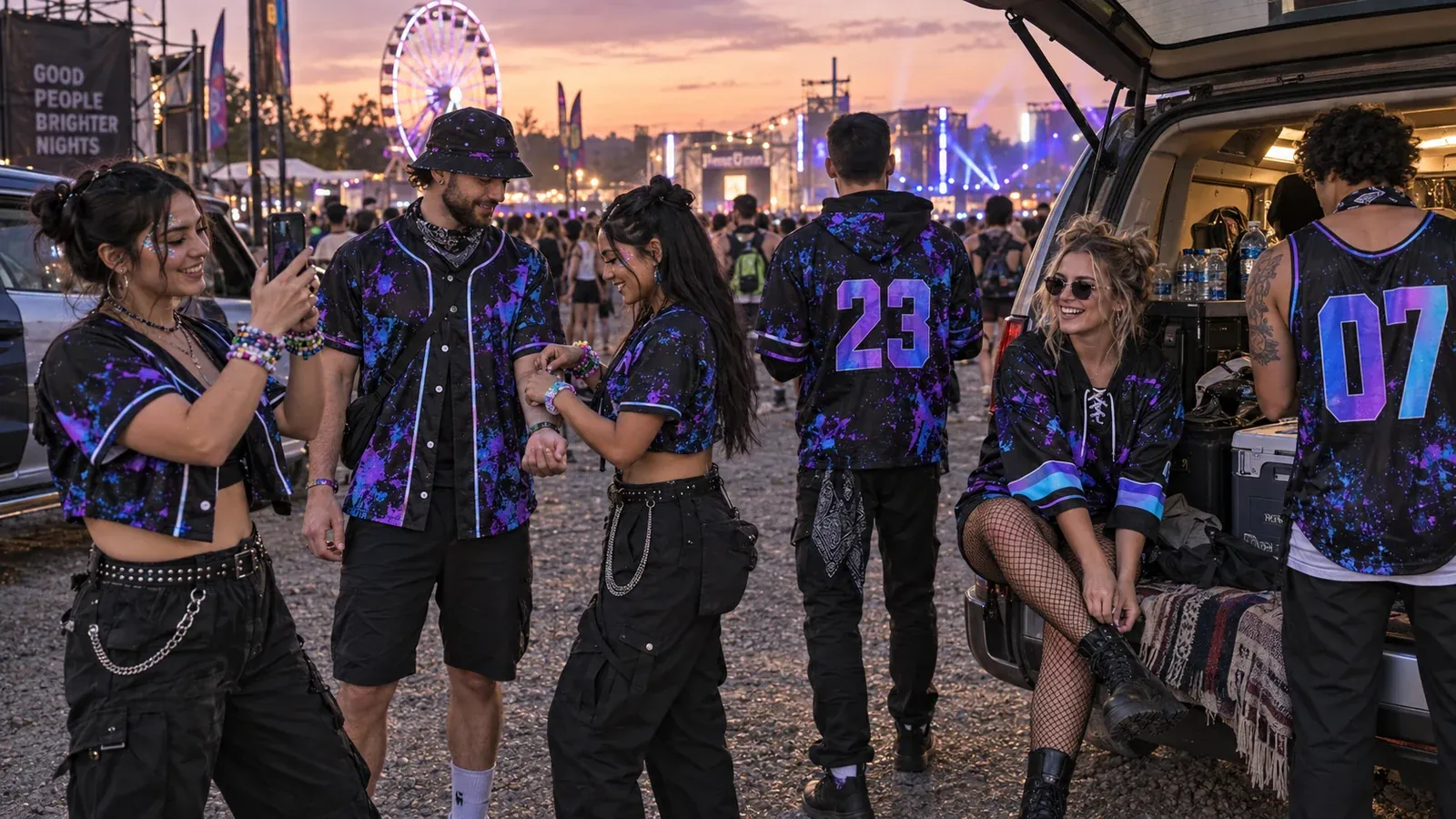 Group rave outfits in one purple and blue splatter print: a crew in the festival parking lot at sunset in crop tops, a baseball jersey, a hooded jersey, a hockey jersey and a basketball jersey with numbers on the back
