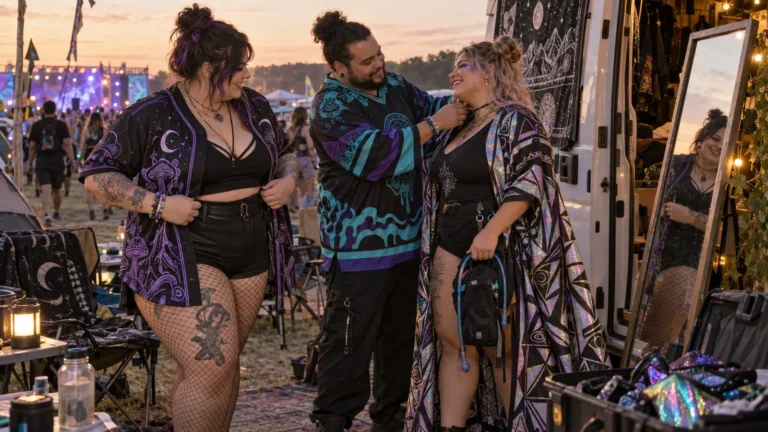 Plus size rave outfits at a camping festival at sunset: friends getting ready by a van in a purple mushroom and moon baseball jersey, a teal and purple drip hockey jersey and a holographic geometric kimono