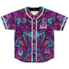 Front view of psychedelic baseball jersey in pink, purple and teal with white crown-and-halo chest logo