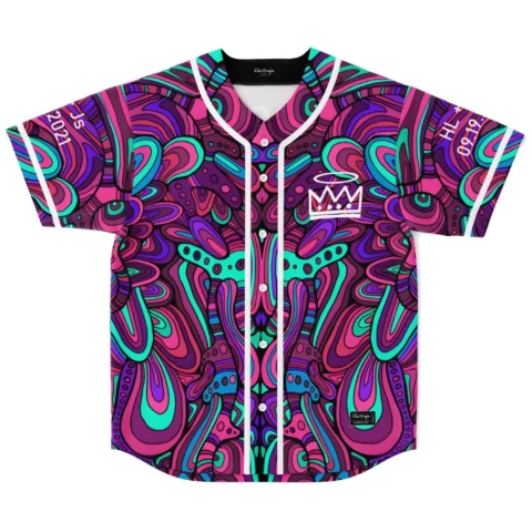 Front view of psychedelic baseball jersey in pink, purple and teal with white crown-and-halo chest logo