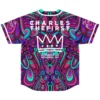 Back view of psychedelic baseball jersey showing crown graphic and custom text reading CHARLES THE FIRST with dates