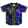 Front view of psychedelic baseball jersey with antlered skull, third eye, and 'SUPER BUCK' chest logo on a galaxy background