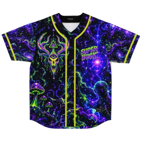 Psychedelic galaxy print baseball jersey with antlered skull graphic, front view