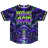 Back view of psychedelic baseball jersey showing 'FEED ME ACID' text drip print above a glowing mushroom portal design