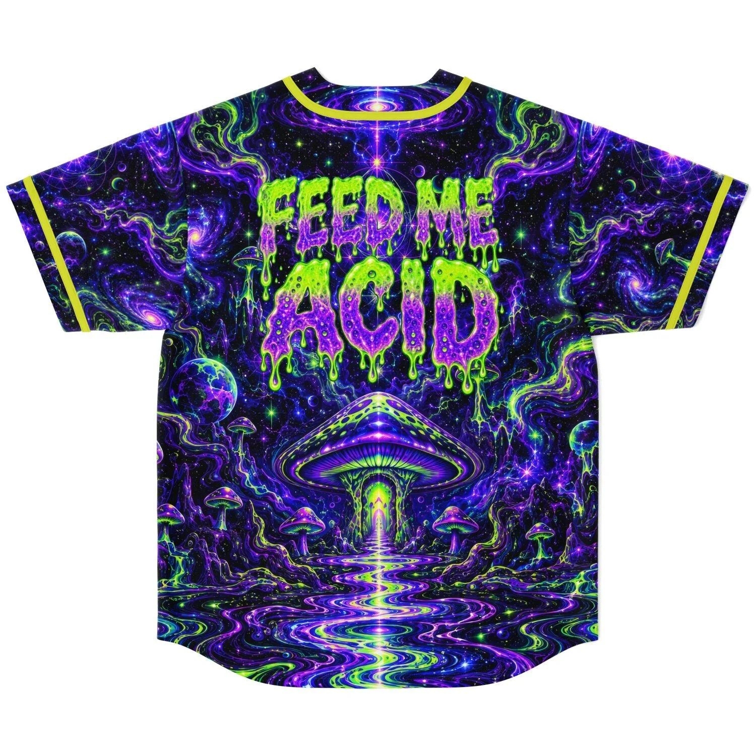 Back view of psychedelic baseball jersey showing 'FEED ME ACID' text drip print above a glowing mushroom portal design
