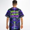 Model wearing psychedelic baseball jersey from behind, showing full galaxy and mushroom back print in purple and green