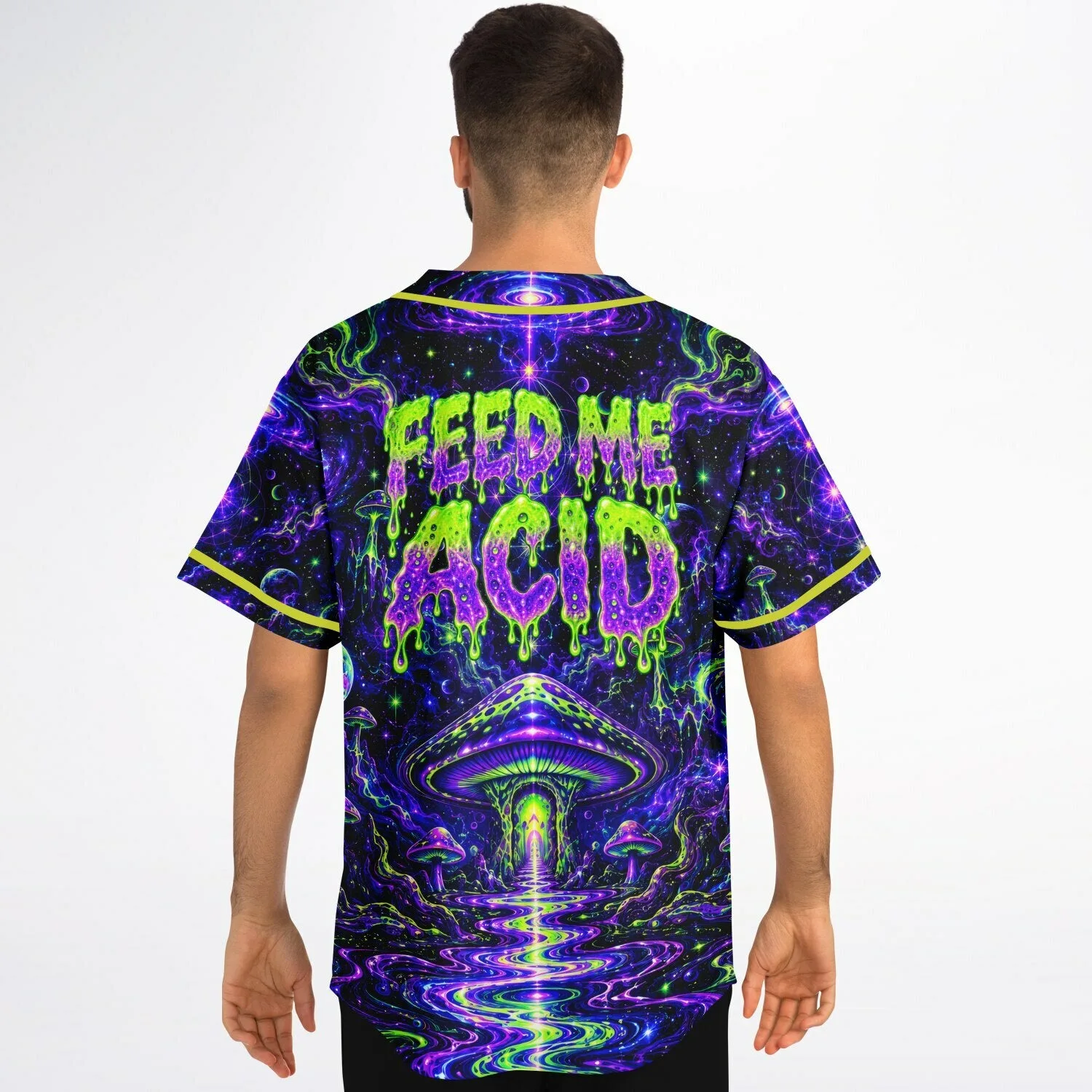 Model wearing psychedelic baseball jersey from behind, showing full galaxy and mushroom back print in purple and green