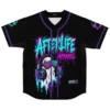 Front view of black rave ghost baseball jersey with teal and pink Afterlife Apparel drip text and headphone ghost graphic