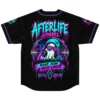 Back print of rave ghost baseball jersey showing ghost DJ, palm trees, crowd, and Rave Now Rest Later banner text