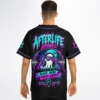 Close-up back design of rave baseball jersey with neon ghost DJ, sound waves, and Est. 2024 coffin logo