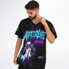 Model wearing black and purple rave ghost baseball jersey from behind, showing full back graphic print