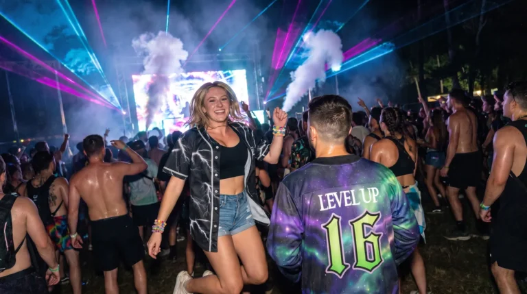 Two ravers in all-over printed jerseys dancing under lasers at a night festival stage