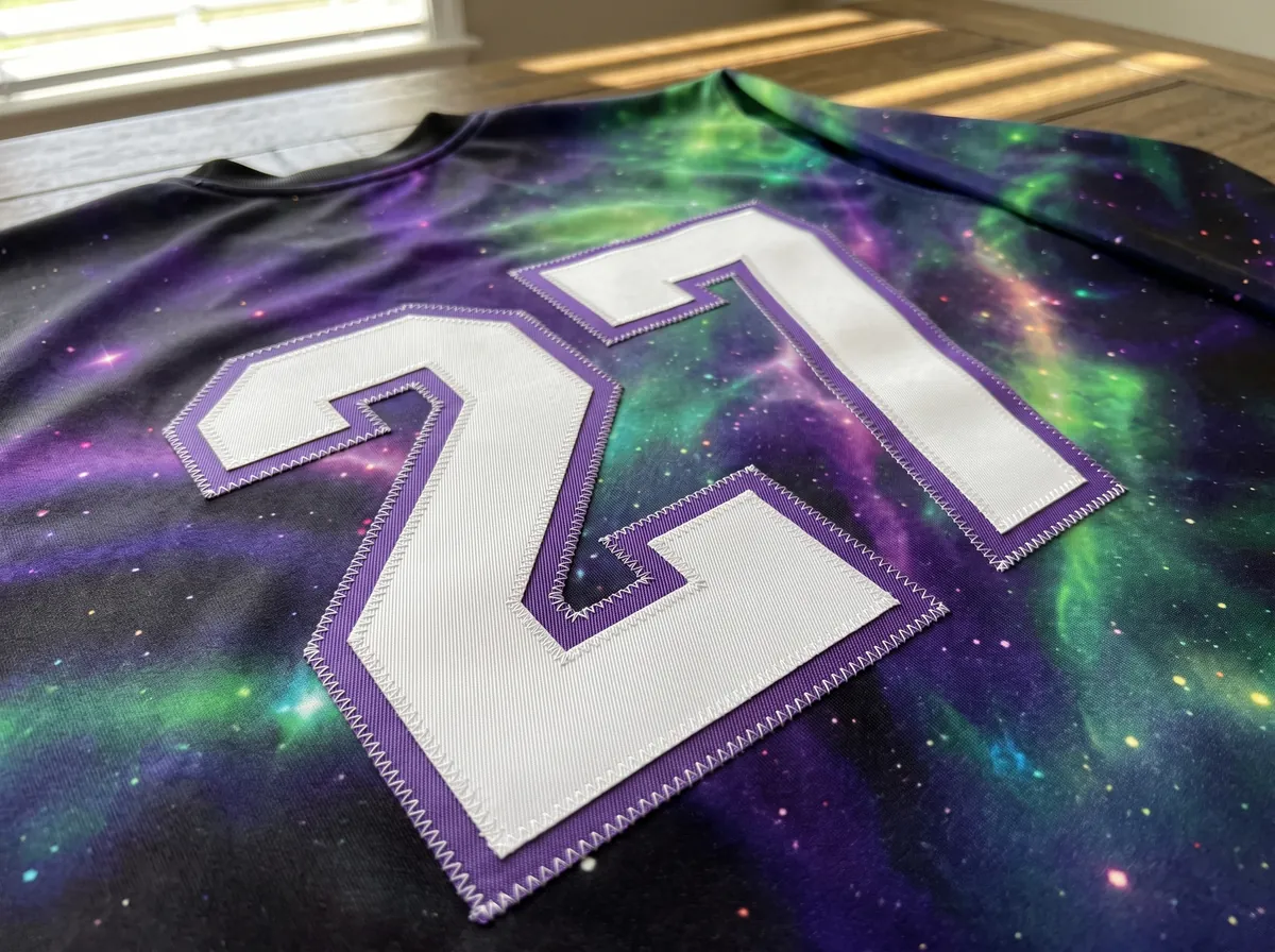 Close-up of a two-layer tackle twill number stitched onto the back of a rave jersey
