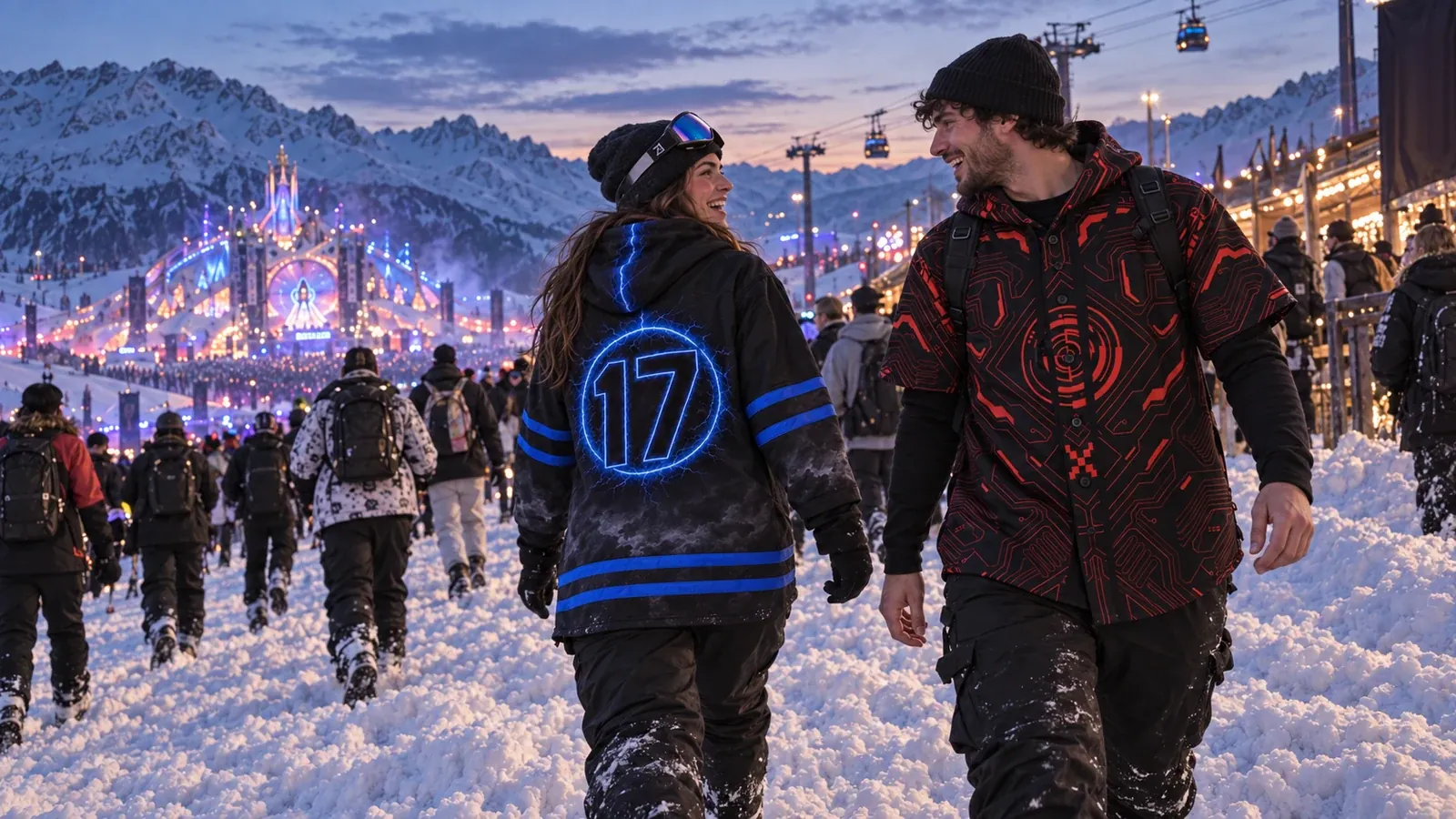 Winter rave outfits at a snowy mountain festival at dusk: a black hooded jersey with a blue lightning number 17, and a red circuit-print hooded baseball jersey over a black long sleeve