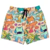 Front view of custom beach rave shorts with orange and teal cartoon cat characters, palm trees and waves