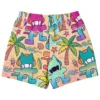 Back view of beach-themed rave shorts showing pink and teal cat graphics with shells and starfish print