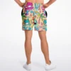 Model wearing custom beach rave shorts from behind, showing full cartoon cat and palm tree pattern