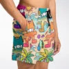 Side view of colorful custom rave shorts with elastic drawstring waist and beach-inspired print