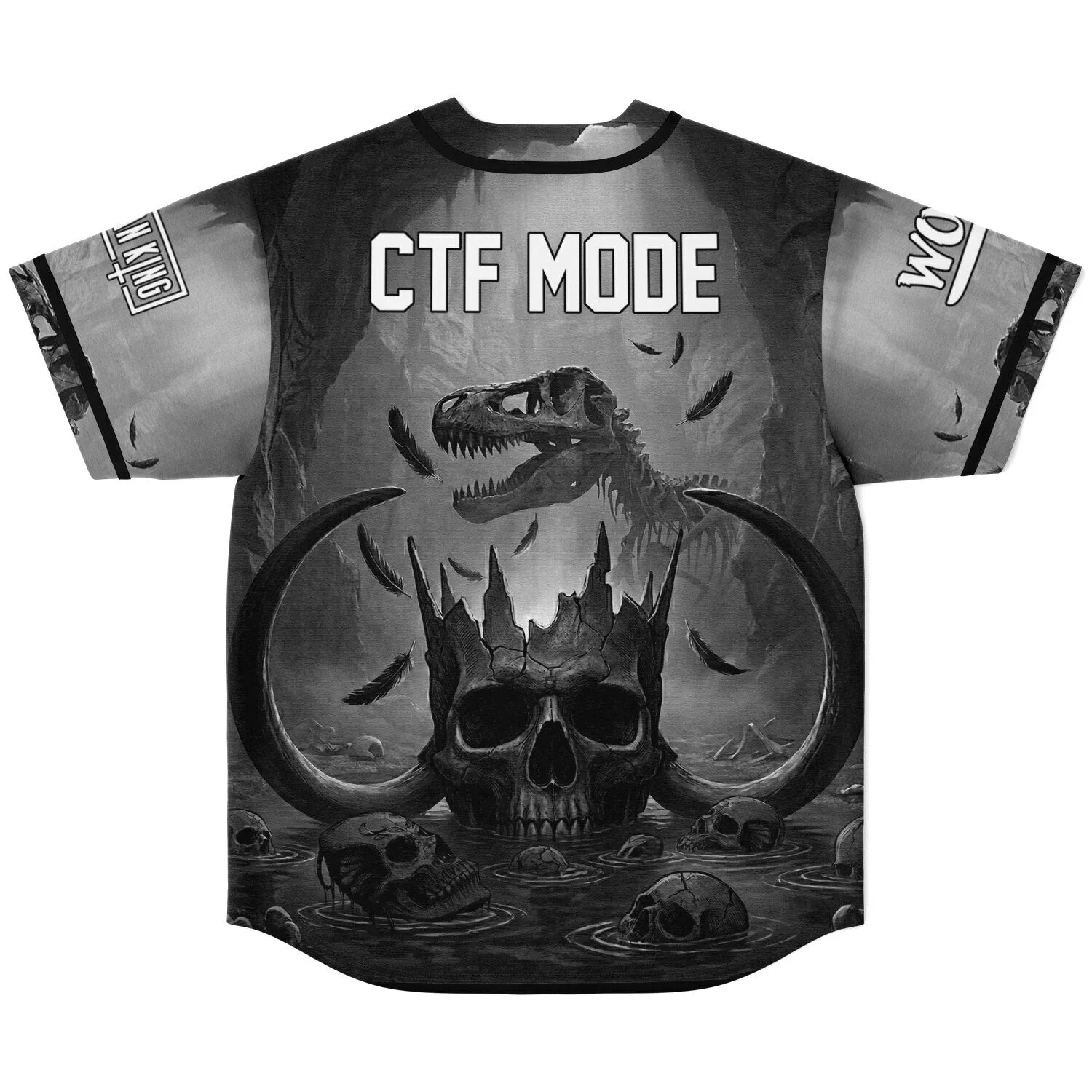 Back view of custom skull baseball jersey with crowned skull, horns, dino skull print and 'CTF MODE' text