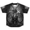 Front view of custom skull baseball jersey with 'KAI WACHI' chest text, X logo, and grayscale skull crown design