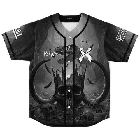 Front view of custom skull baseball jersey with 'KAI WACHI' chest text, X logo, and grayscale skull crown design