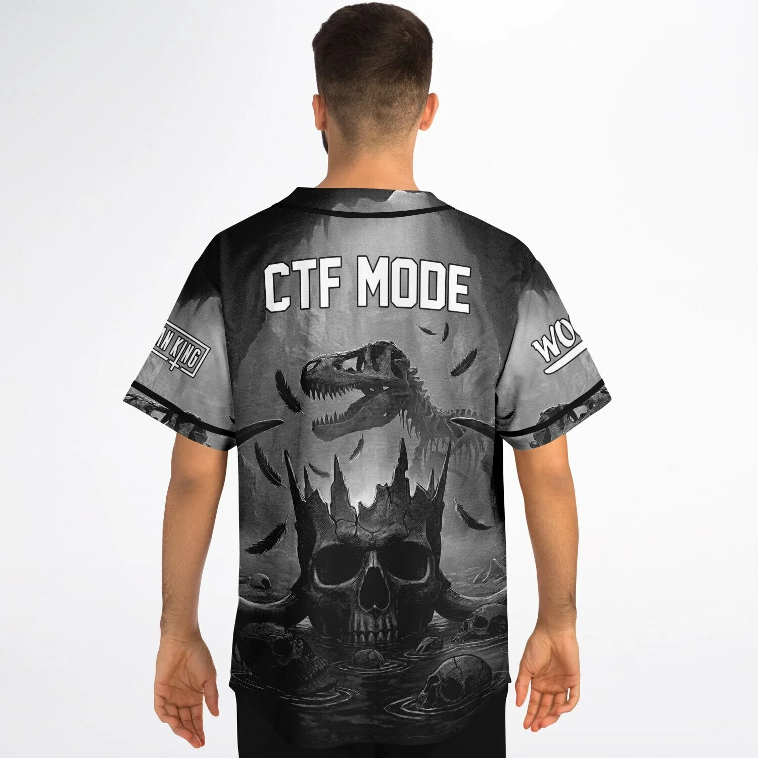 Model wearing custom skull baseball jersey from behind, showing full back print and sleeve text patches