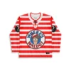 Front view of custom Waldo hockey jersey in red and white stripes with round chest logo and question mark sleeve patches