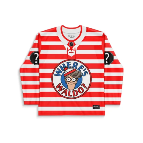 Front view of custom Waldo hockey jersey in red and white stripes with round chest logo and question mark sleeve patches