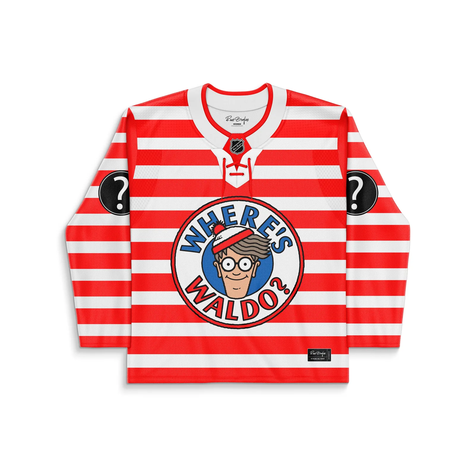 Front view of custom Waldo hockey jersey in red and white stripes with round chest logo and question mark sleeve patches