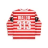 Back view of custom Waldo hockey jersey showing WALDO name and 313 number print on striped fabric