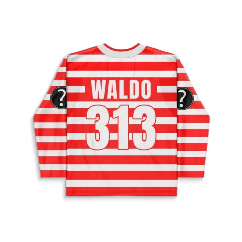 Back view of custom Waldo hockey jersey showing WALDO name and 313 number print on striped fabric