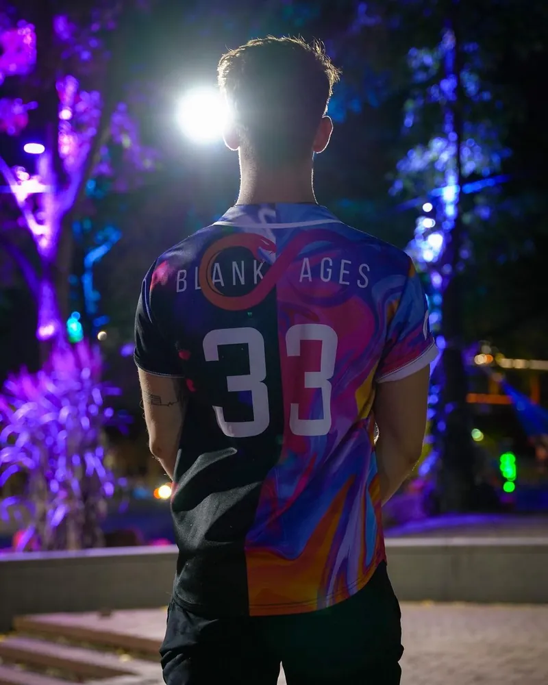 Blankages wearing a custom Rave Bonfire jersey
