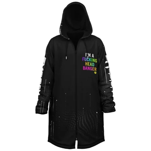 Black festival zipper cloak front view with colorful headbanger text on chest and dot-pattern sleeve graphics