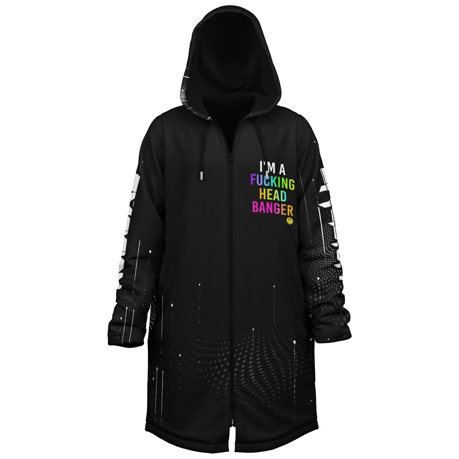 Black festival zipper cloak front view with colorful headbanger text on chest and dot-pattern sleeve graphics