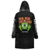 Back view of zipper cloak showing cartoon eye creature with red cap and stacked HA HA HE HU text print