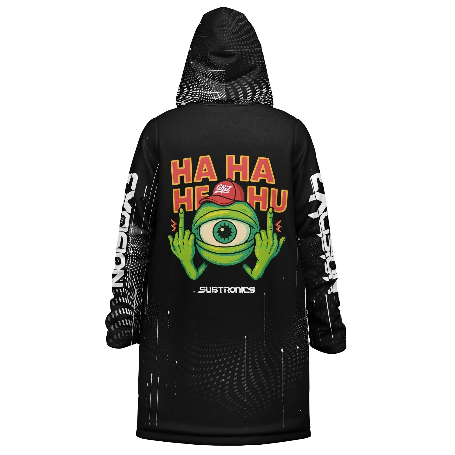 Back view of zipper cloak showing cartoon eye creature with red cap and stacked HA HA HE HU text print