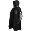 Side profile of open zipper cloak showing inner lining, chest text print, and bold sleeve wordmark graphic