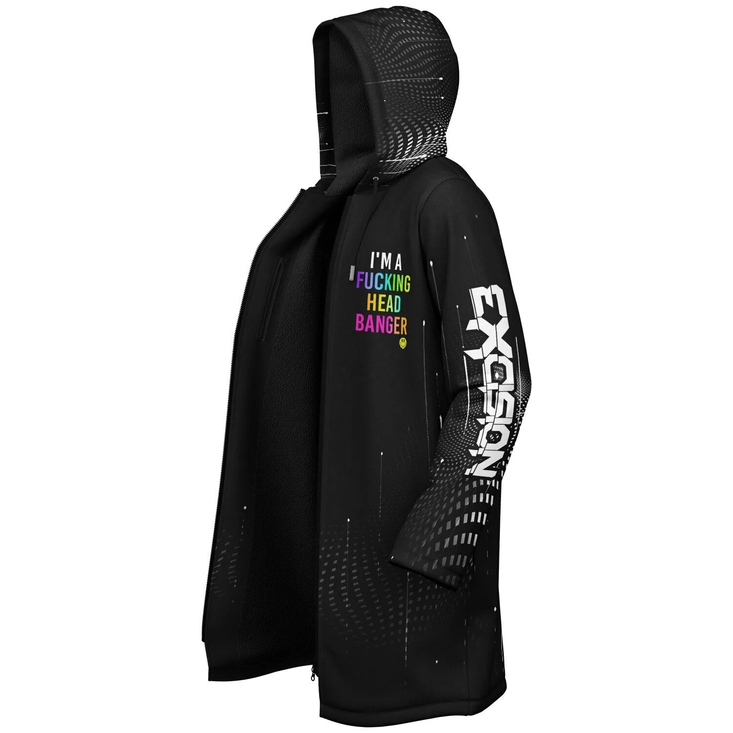 Side profile of open zipper cloak showing inner lining, chest text print, and bold sleeve wordmark graphic