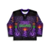 Front view of Halloween rave hockey jersey with Neon Hallows text, purple trees, and glowing cat faces
