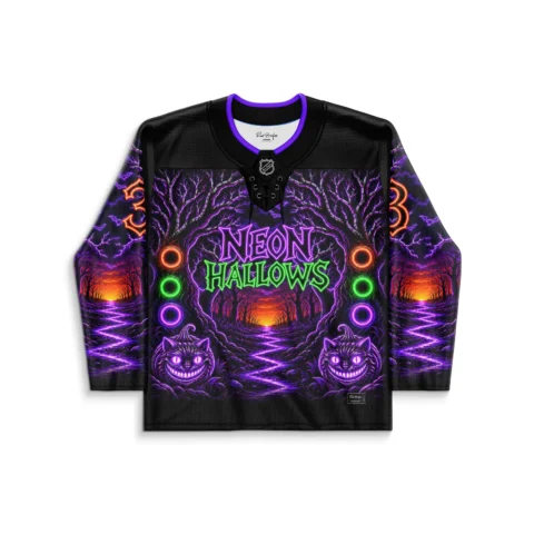 Front view of Halloween rave hockey jersey with Neon Hallows text, purple trees, and glowing cat faces