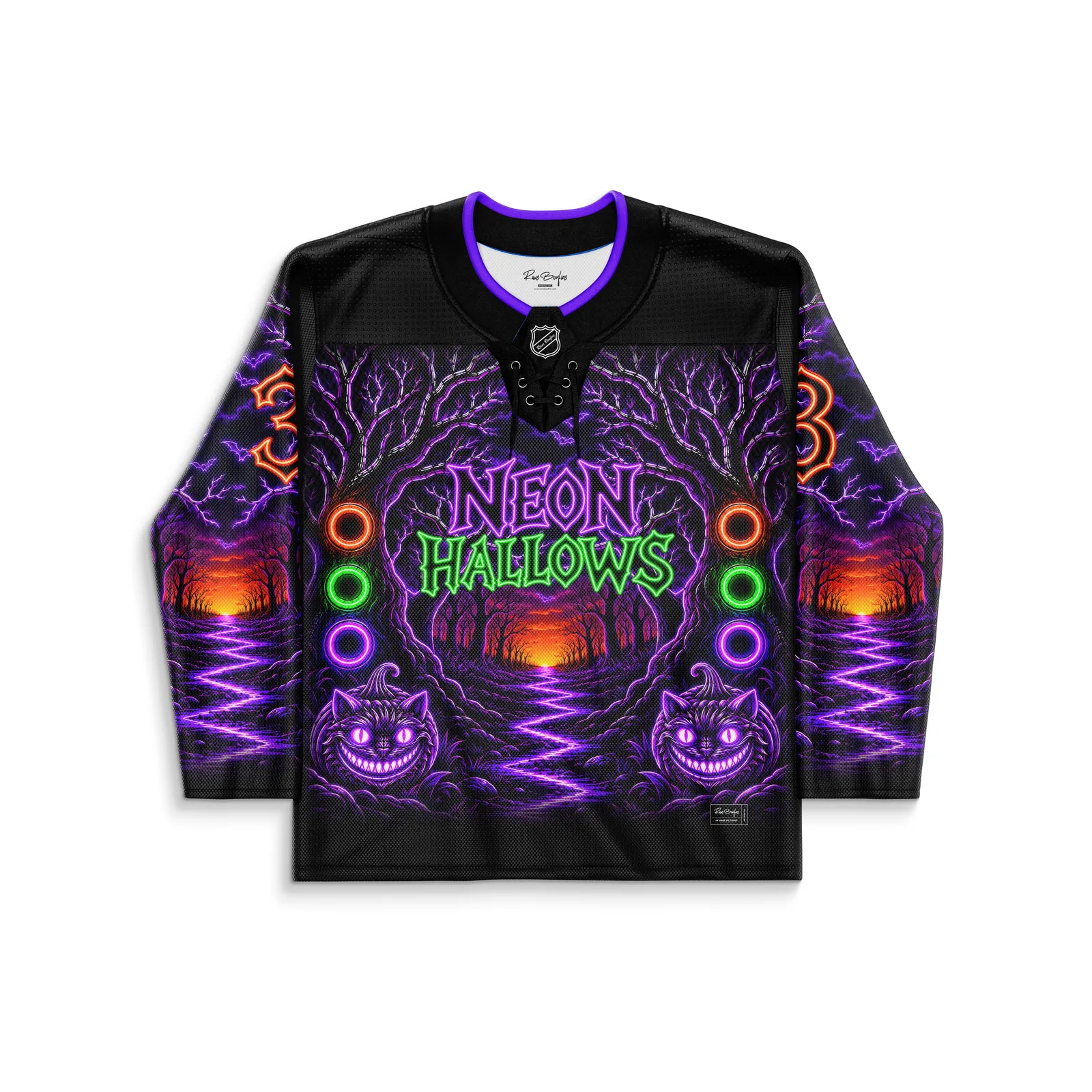 Front view of Halloween rave hockey jersey with Neon Hallows text, purple trees, and glowing cat faces
