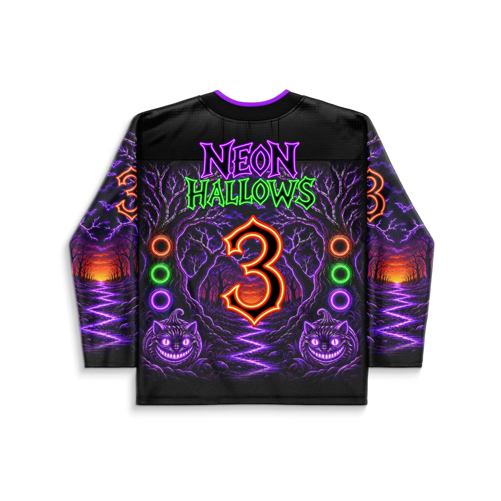 Back view of Halloween rave hockey jersey showing neon number 3 and matching forest design
