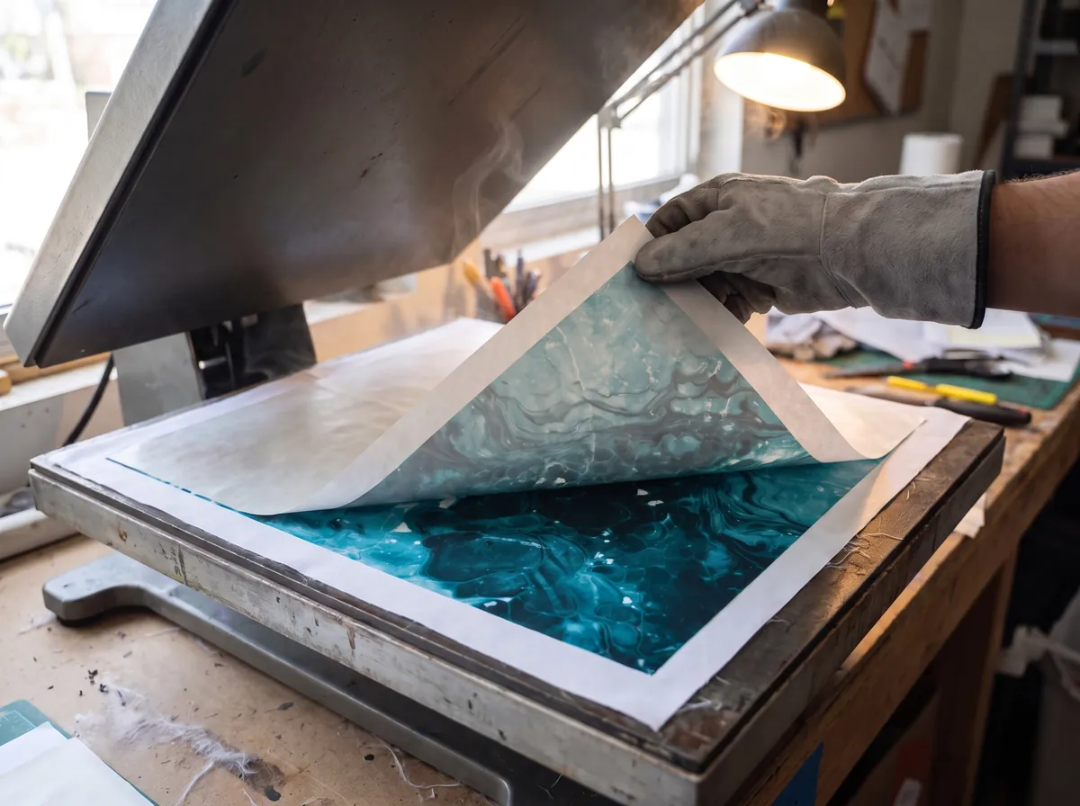 What is a sublimated jersey, step 3: transfer paper peeled off a freshly printed polyester panel on a heat press