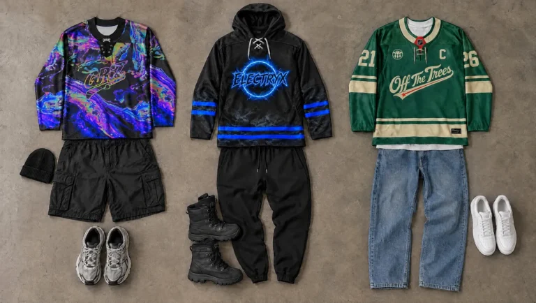 How to style a hockey jersey: three flat-lay outfits for a rave, cold show and everyday wear.