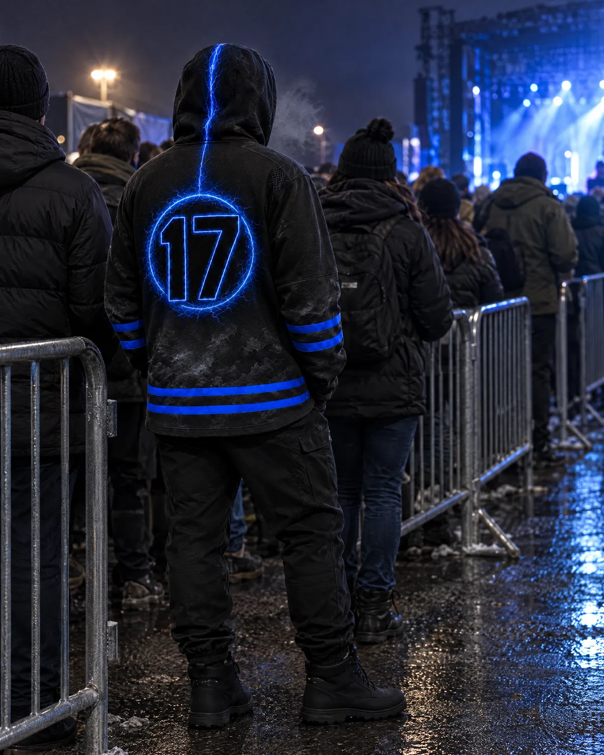 Back of a black and electric-blue hooded hockey jersey with black joggers and boots in a cold-night queue.
